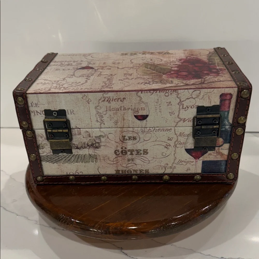 France Wine Country-Themed Decorative Wooden Storage Box, Faux Leather Straps